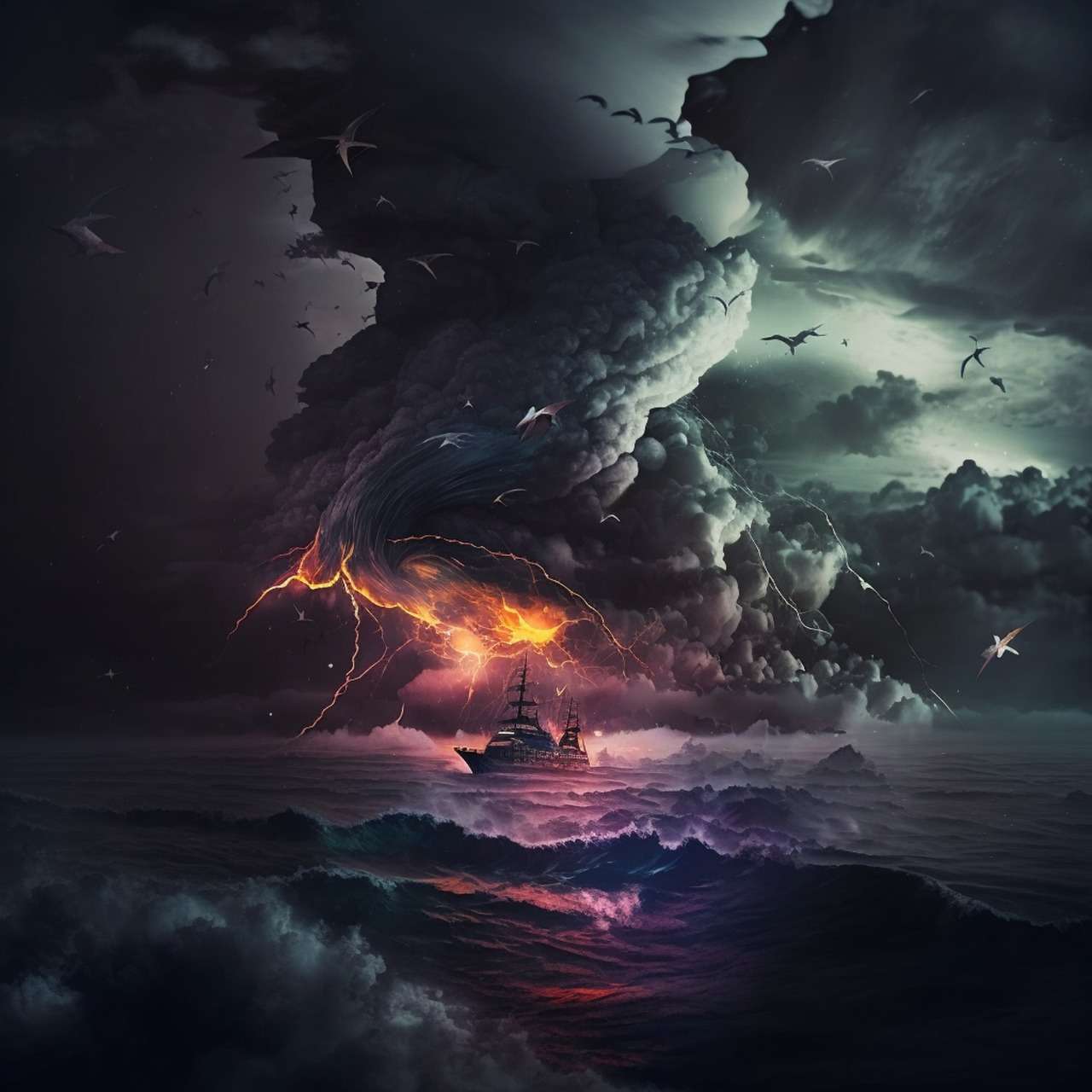 A ship caught in a Bermuda Triangle storm