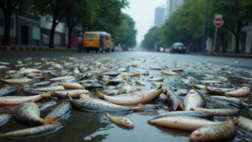 hundreds of fish lying on the street after a rainstorm